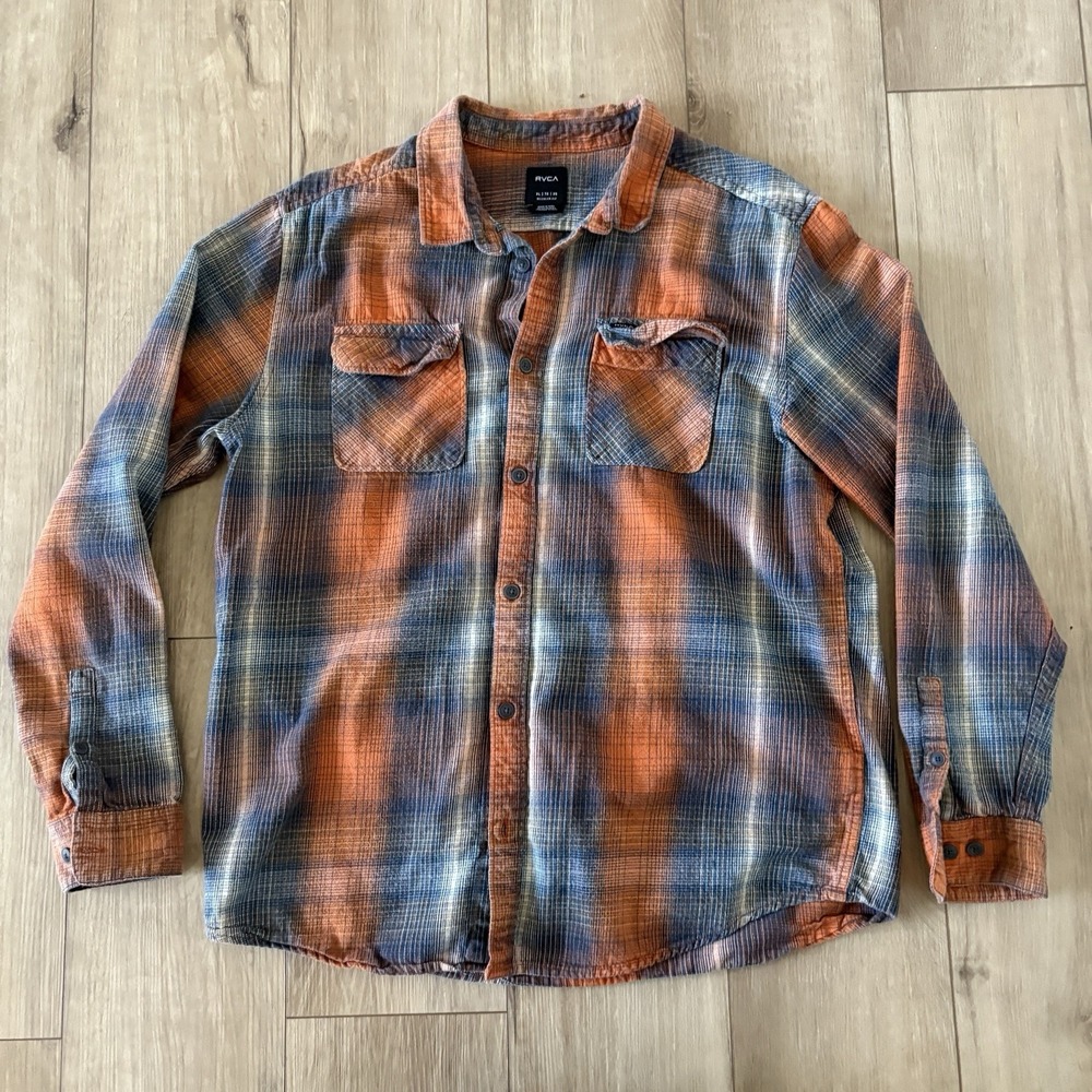 RVCA Mens Plaid Flannel Shirt XL Orange Blue Regular Fit Button Down